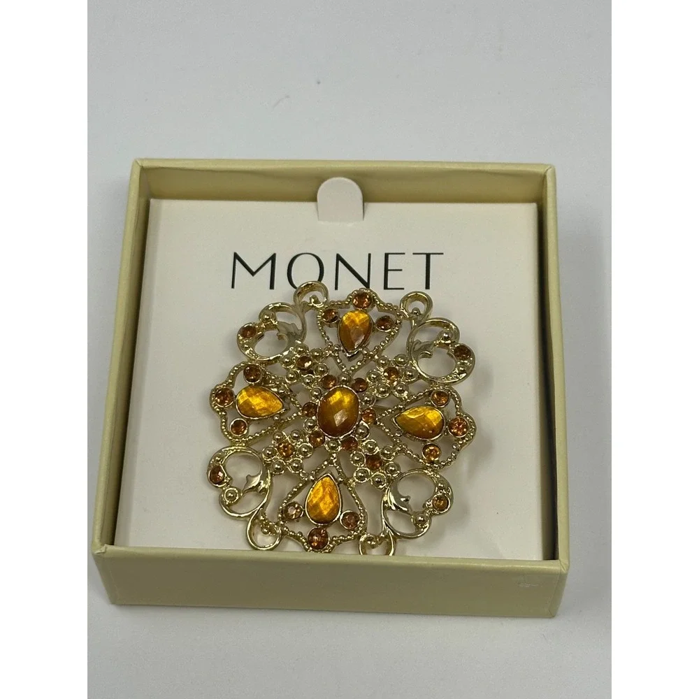 NEW Vintage Monet Goldtone Amber Glass Rhinestone Brooch Pin Style Flower NIB T2